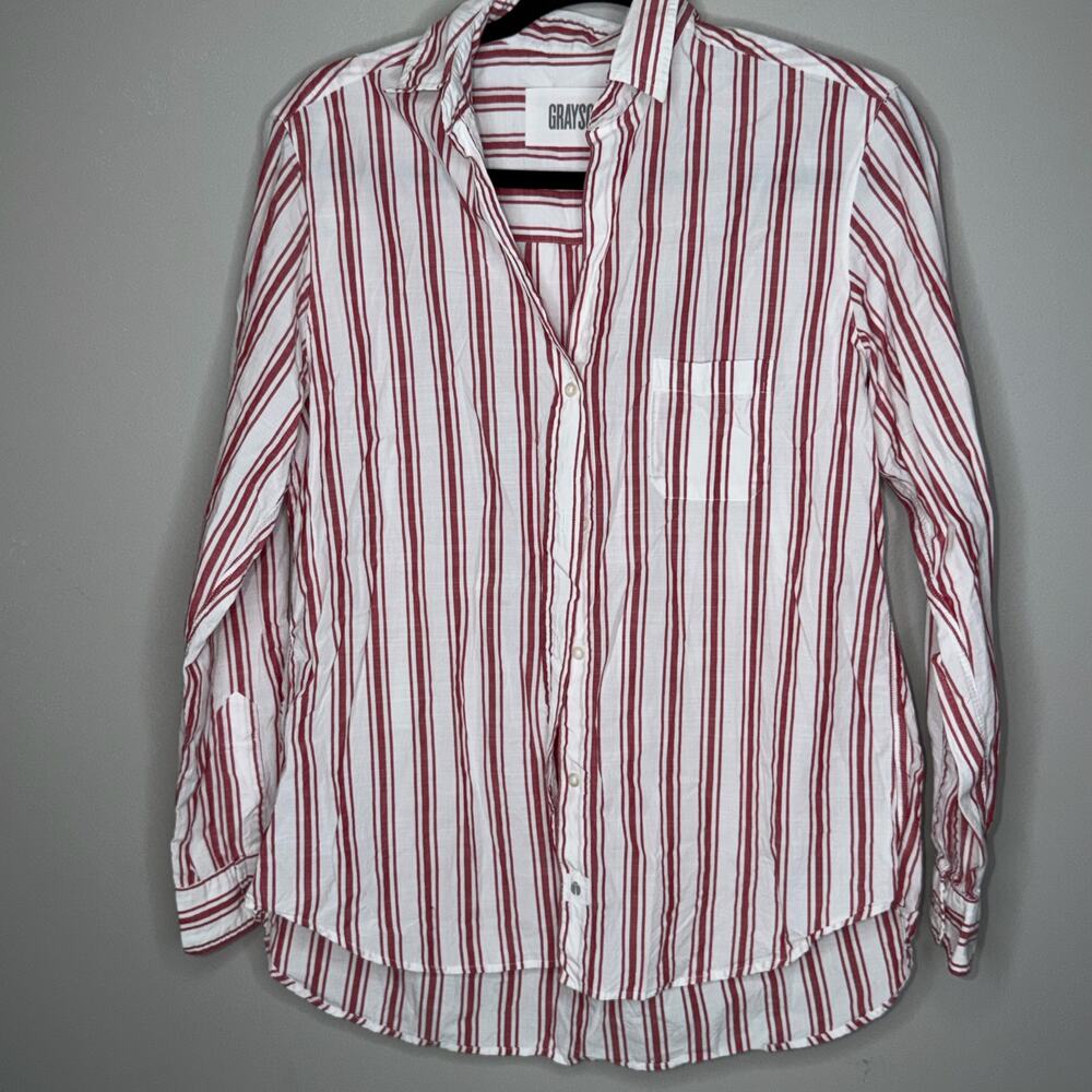 Grayson Hero Womens Large Red White Stripe Long Sleeve Button Up V-Neck Blouse